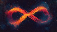 Glowing infinity symbol in orange and red hues against deep space background with stars, representing eternal cosmic energy and limitless possibilities.