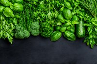 Fresh green herbs and vegetables arranged on dark background with copy space. Culinary border of basil, parsley, broccoli and cucumber for cooking.