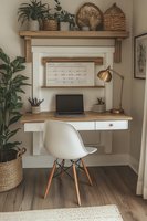 Cozy home office nook with floating desk, modern white chair, laptop, brass task lamp, and decorative shelf styling featuring plants and vintage accessories.