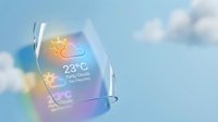 Smartphone displaying weather app with sun icon and temperature reading against blue sky with clouds, suitable for weather applications, mobile interface design, and technology concepts.
