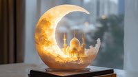 Glowing crescent moon lamp with illuminated mosque silhouette and praying figure, creating magical Ramadan atmosphere on wooden surface against window background.