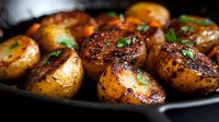 Golden roasted potatoes with crispy caramelized surface and fresh herbs in cast iron skillet for cooking blogs, recipe websites and food photography.