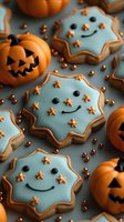 Festive Halloween cookies with smiling star-shaped ghosts and jack-o'-lantern pumpkins decorated with orange icing and sprinkles for seasonal celebration.