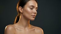 Young woman with natural makeup and glowing skin in profile view against dark background for beauty and skincare concepts.