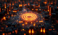 Glowing orange circular pattern on futuristic circuit board with illuminated elements and depth of field effect creates dramatic technological atmosphere.