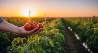Hands holding fresh ripe tomatoes in agricultural field during golden sunset with rows of crops and farming landscape in background for organic harvest concept.