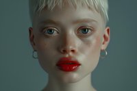 Close-up portrait of young woman with platinum blonde pixie hair, bright red lipstick and piercing blue eyes against teal background, showing minimal makeup look.