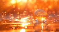Crystal glass sphere reflecting golden sunset light on wet surface with bokeh effect background creates magical atmosphere and ethereal glow.