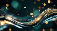 Magical golden wave with glowing particles and bokeh lights on dark turquoise background, abstract luxury design element for festive backgrounds.