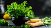 Fresh parsley leaves in black ceramic bowl and raw organic parsnip roots on dark rustic background. Natural food photography for cooking blogs and recipes.