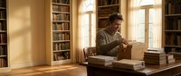 Middle-aged Caucasian man reading book at wooden desk in cozy library with floor-to-ceiling bookshelves and warm natural lighting for education content.