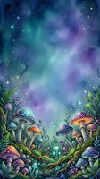 Enchanted forest floor with glowing mushrooms, ferns, and magical starlit sky in purple, blue, and teal tones. Fantasy woodland scene for creative projects and digital backgrounds.