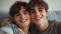 Two young Caucasian men with curly brown hair smiling warmly while embracing in casual clothing, showing friendship and positive emotions in bright indoor setting.