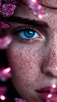 Close-up of bright blue eye with natural freckles on fair skin, surrounded by pink glitter bokeh lights and sparkles creating magical beauty atmosphere.