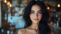 Young Asian woman with long dark hair and natural makeup smiling gently at camera. Soft bokeh lights and warm atmosphere create intimate portrait mood.
