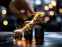 Glowing golden stairs with magical sparkles and bokeh lights creating mystical atmosphere on dark background, concept of growth and success in business.