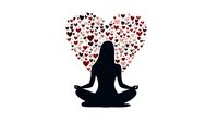Female silhouette in lotus meditation pose surrounded by floating red and pink hearts forming heart shape, wellness and mindfulness concept on white background.