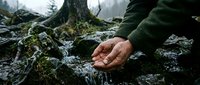 Hands cupping fresh mountain spring water from mossy rocks in pristine forest environment for drinking and natural resource concepts.