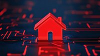 Red house icon on digital circuit board background with glowing technology elements, symbolizing smart home automation and IoT integration.