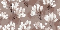 Elegant white floral pattern on soft brown background, creating a delicate botanical design for fabric, wallpaper, or home decor.