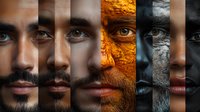 Artistic portrait composition showing diverse facial textures and colors, from natural skin tones to metallic and stone effects, arranged in vertical strips creating dramatic contrast.