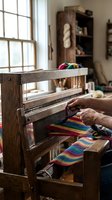 Elderly hands weaving colorful striped fabric on traditional wooden loom in artisan workshop with natural window light for textile crafts.