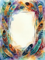 Watercolor feather frame with vibrant rainbow colors and bohemian patterns, isolated on white background, ready for design projects, invitations, and creative layouts.