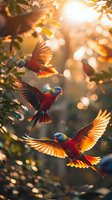 Vibrant rainbow lorikeets in flight against golden sunset light, wings spread wide showing red and orange feathers amid bokeh and foliage background.