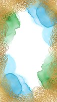 Watercolor frame with gold foil scribbles and blue green washes creating elegant border for invitations cards and wedding stationery designs.