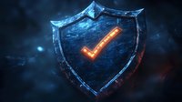 Glowing shield with checkmark symbol against dark background, combining blue and orange lighting effects for cybersecurity and protection concept visualization.