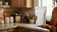 Woman in brown sweater holding white kraft paper pouch in modern kitchen with wooden cabinets. Packaging mockup for food, coffee, tea, or supplements.