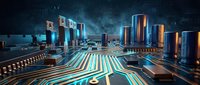 Futuristic digital cityscape with glowing neon streets, towering skyscrapers, and holographic data streams. Perfect for technology, innovation, and digital transformation concepts.