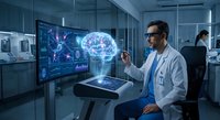 Male doctor analyzing holographic brain scan with AR glasses in futuristic medical laboratory for neurological research and diagnosis.
