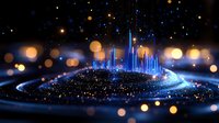 Glowing futuristic cityscape with luminous skyscrapers rising from circular platform amid sparkling lights and bokeh effects against dark starry background.
