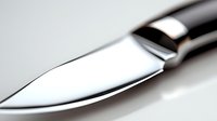 Close-up of sharp stainless steel kitchen knife with polished blade and dark handle against white background, ideal for culinary and cooking concepts.