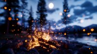 Crackling campfire with glowing embers and sparks under full moon in snowy winter mountain landscape at twilight with pine trees and dramatic clouds.