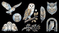 Watercolor owl clipart set isolated on transparent background, featuring barn owls, feathers, and branches in soft blue and gold tones, for stickers, t-shirt design, and print on demand.