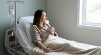 Young woman patient recovering in modern hospital bed with IV drip, looking out window with peaceful expression in bright medical room.