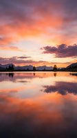 Dramatic sunset over calm lake with golden and purple sky reflecting on still water, surrounded by evergreen trees and distant mountains, perfect for nature and landscape projects.