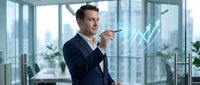 Professional businessman using smartphone voice command in modern glass office with city skyline view and growth chart overlay for business communication.