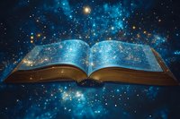 Magical open book with glowing blue cosmic pages surrounded by sparkling stars and nebula dust, symbolizing knowledge and fantasy storytelling.