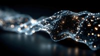 Abstract digital wave with glowing particles and light points flowing against dark background, representing data visualization or technology concept.