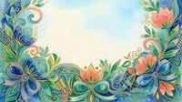 Ornamental floral border frame with decorative blue, coral and green flowers, leaves and swirls on cream background, isolated for design use.