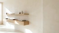 Modern minimalist floating wooden shelves on white wall with natural sunlight creating warm shadows in contemporary interior design space.