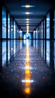 Long empty corridor with dramatic lighting and reflective floor creating symmetrical perspective. Yellow ceiling lights cast warm glow contrasting with cool blue tones.