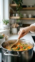 Woman stirring hot vegetable soup in steel pot with wooden spoon in modern kitchen with steam rising and herbs on shelves creating cozy cooking atmosphere.