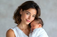 Young mother in white dress holding sleeping newborn baby against soft gray background, gentle smile expressing maternal love and tenderness in natural light portrait.
