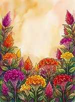 Vibrant watercolor celosia flowers in pink, orange, red and yellow frame a warm golden background with copy space for text.