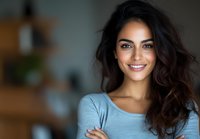 Confident young woman with dark wavy hair and bright smile wearing casual grey top poses with arms crossed against blurred interior background. Natural beauty portrait.