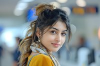 Young woman with messy bun hairstyle wearing yellow jacket and patterned scarf smiling confidently at camera with soft bokeh background and natural lighting.